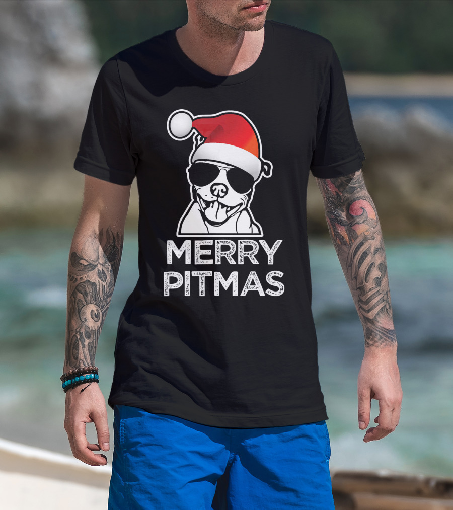 Merry Pitmas Funny Christmas Pitbull With Santa Hat And Sunglasses T-Shirt