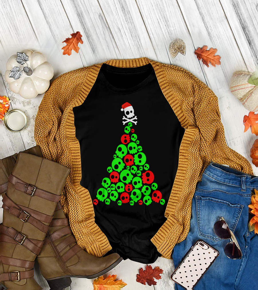 Christmas Santa Skull Tree Holiday T-Shirt