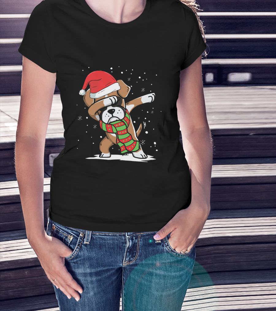 Santa Hat Dabbing Boxer With Christmas Scarf T-Shirt