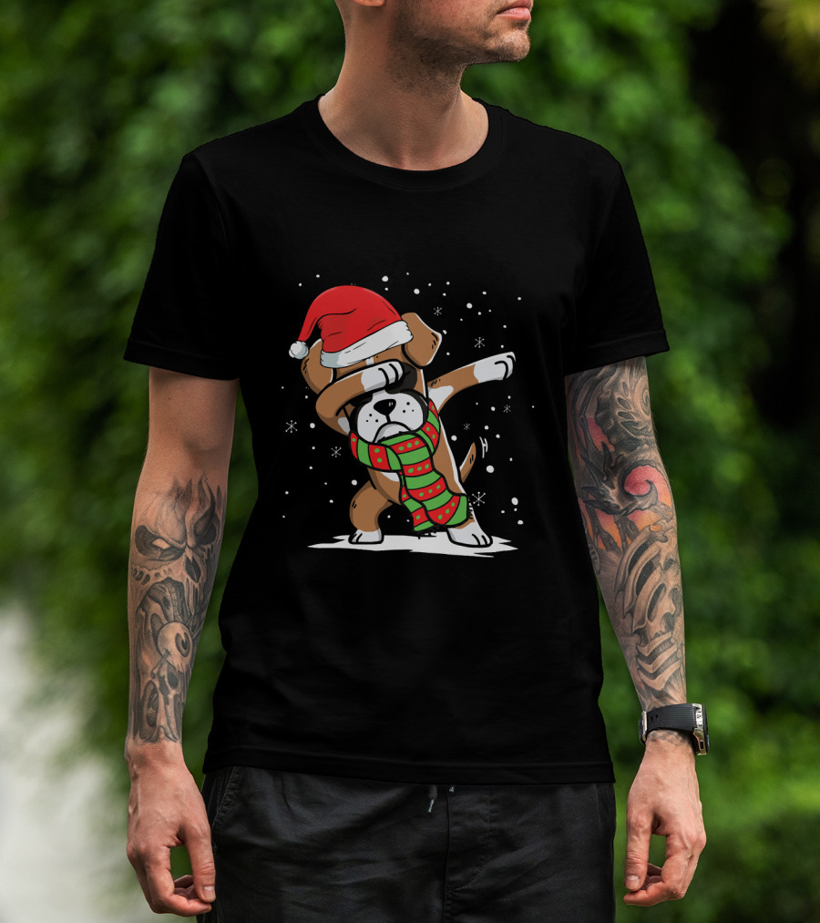 Santa Hat Dabbing Boxer With Christmas Scarf T-Shirt