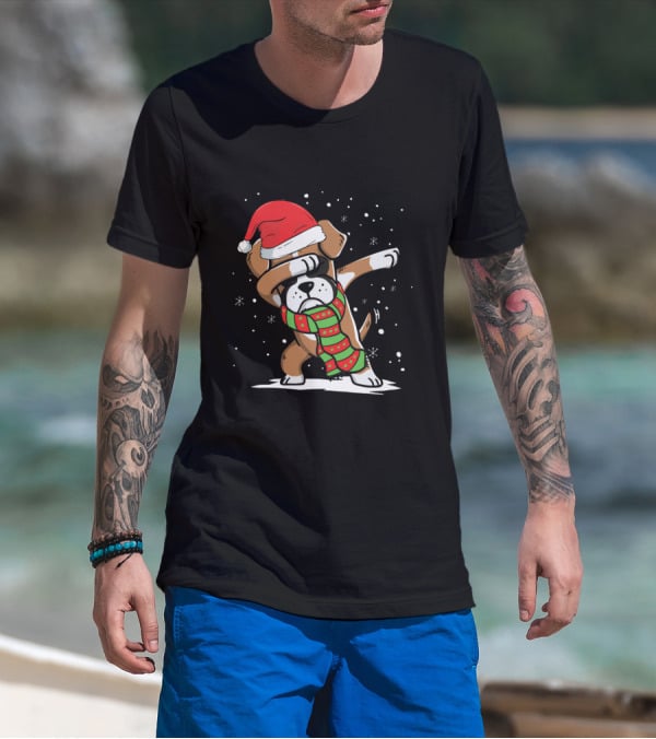 Santa Hat Dabbing Boxer With Christmas Scarf T-Shirt