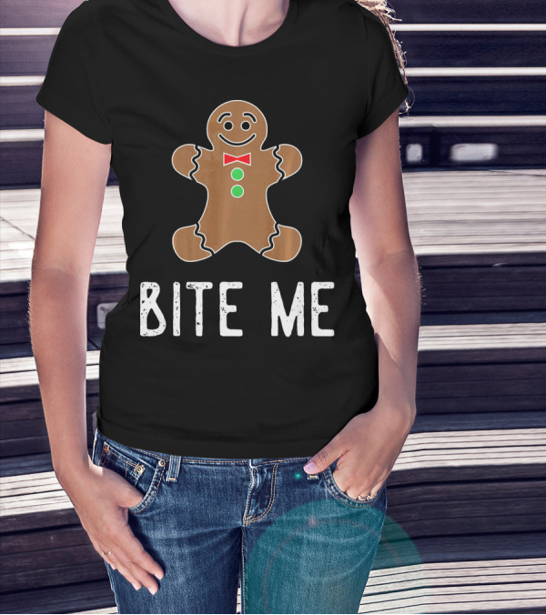 Bite Me Gingerbread Cookie Red Bow Tie Green Buttons T-Shirt