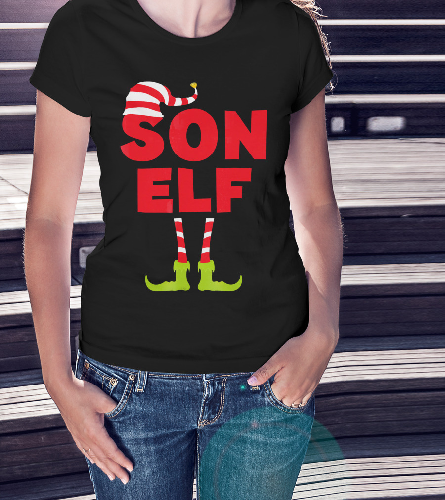 Son Elf Matching Christmas Costume Striped Hat And Socks T-Shirt