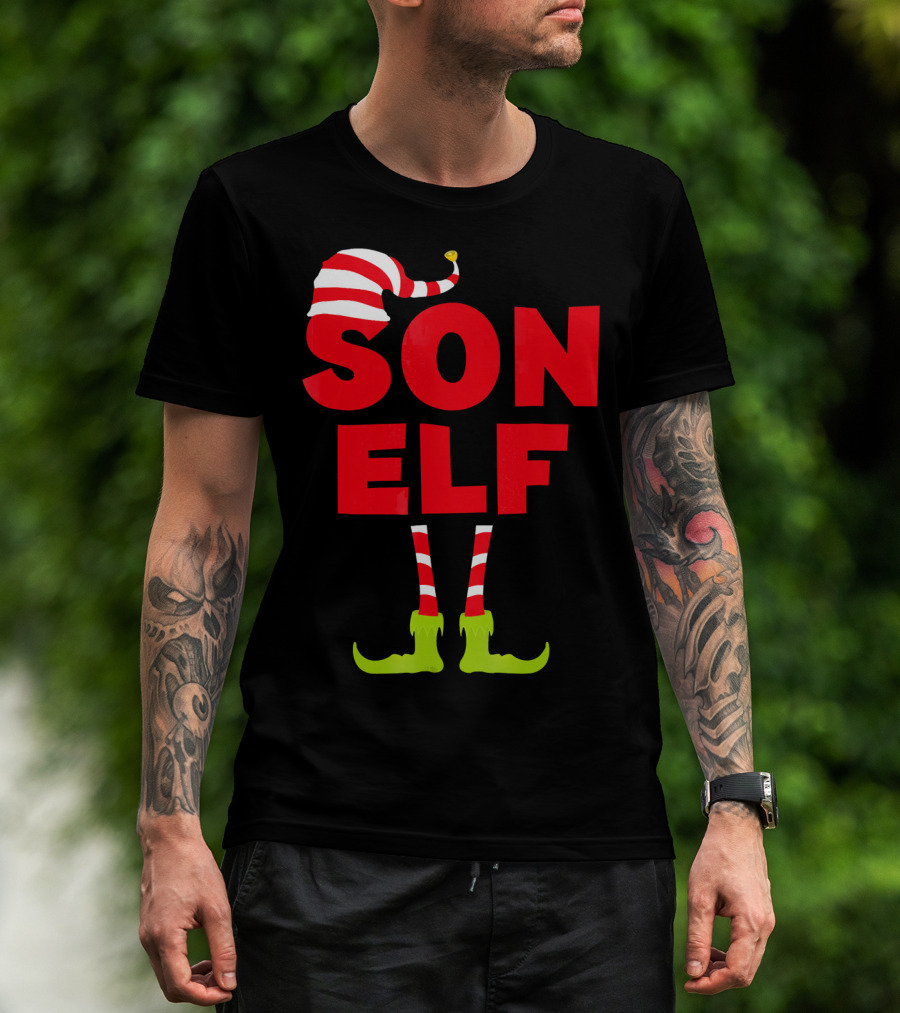 Son Elf Matching Christmas Costume Striped Hat And Socks T-Shirt