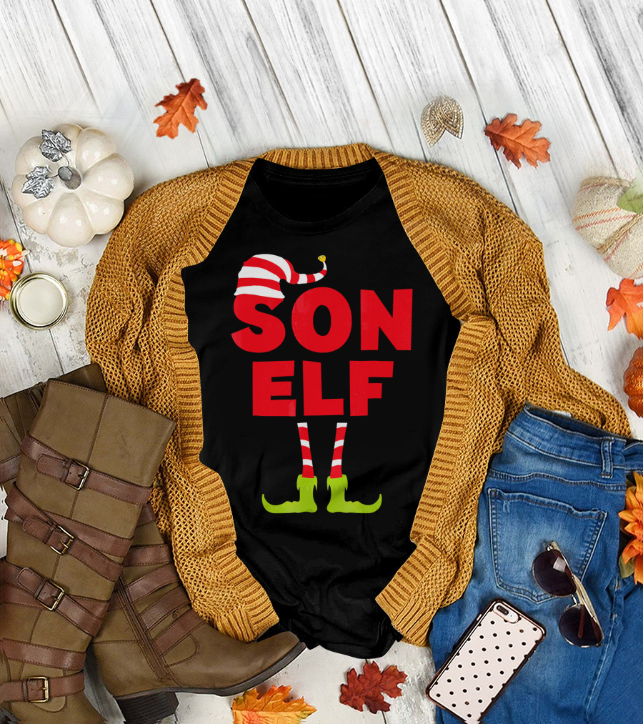 Son Elf Matching Christmas Costume Striped Hat and Socks T-Shirt
