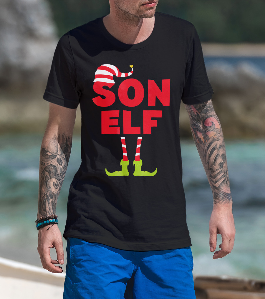 Son Elf Matching Christmas Costume Striped Hat And Socks T-Shirt