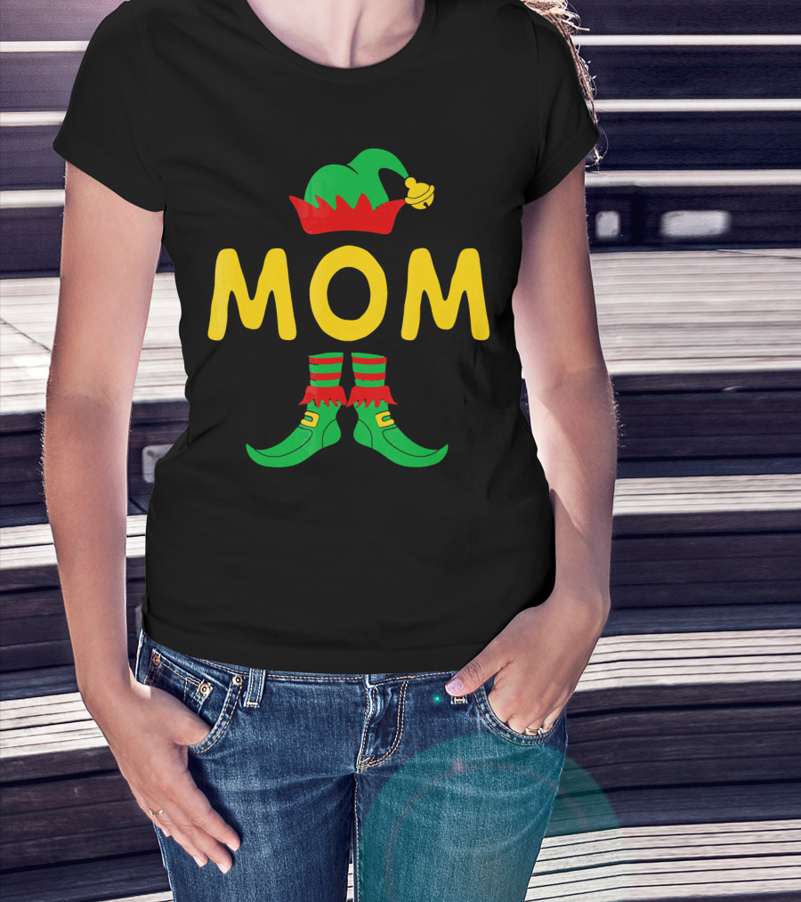 Mom Elf Funny Christmas Family Mat Festive Green And Red T-Shirt