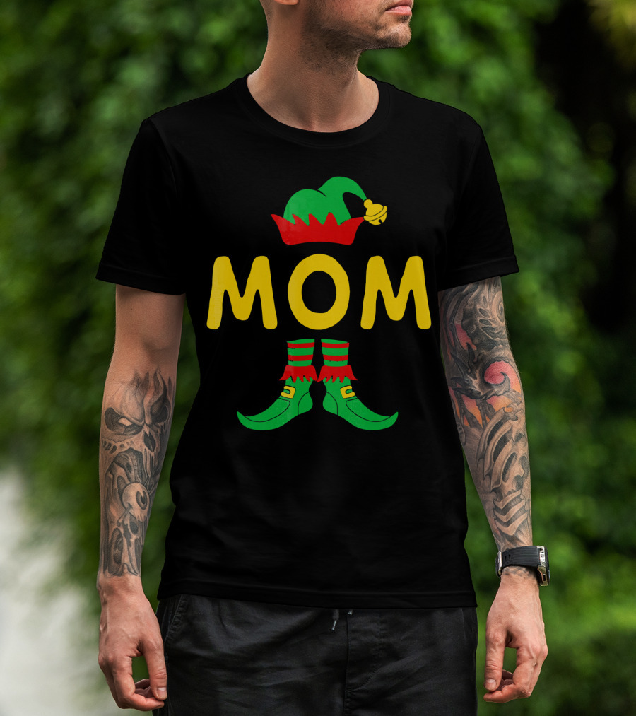 Mom Elf Funny Christmas Family Mat Festive Green And Red T-Shirt