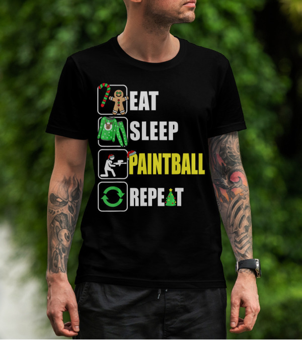 Eat Sleep Paintball Repeat Christmas Candy Cane Gingerbread Ugly Sweater Santa Hat Tree T-Shirt