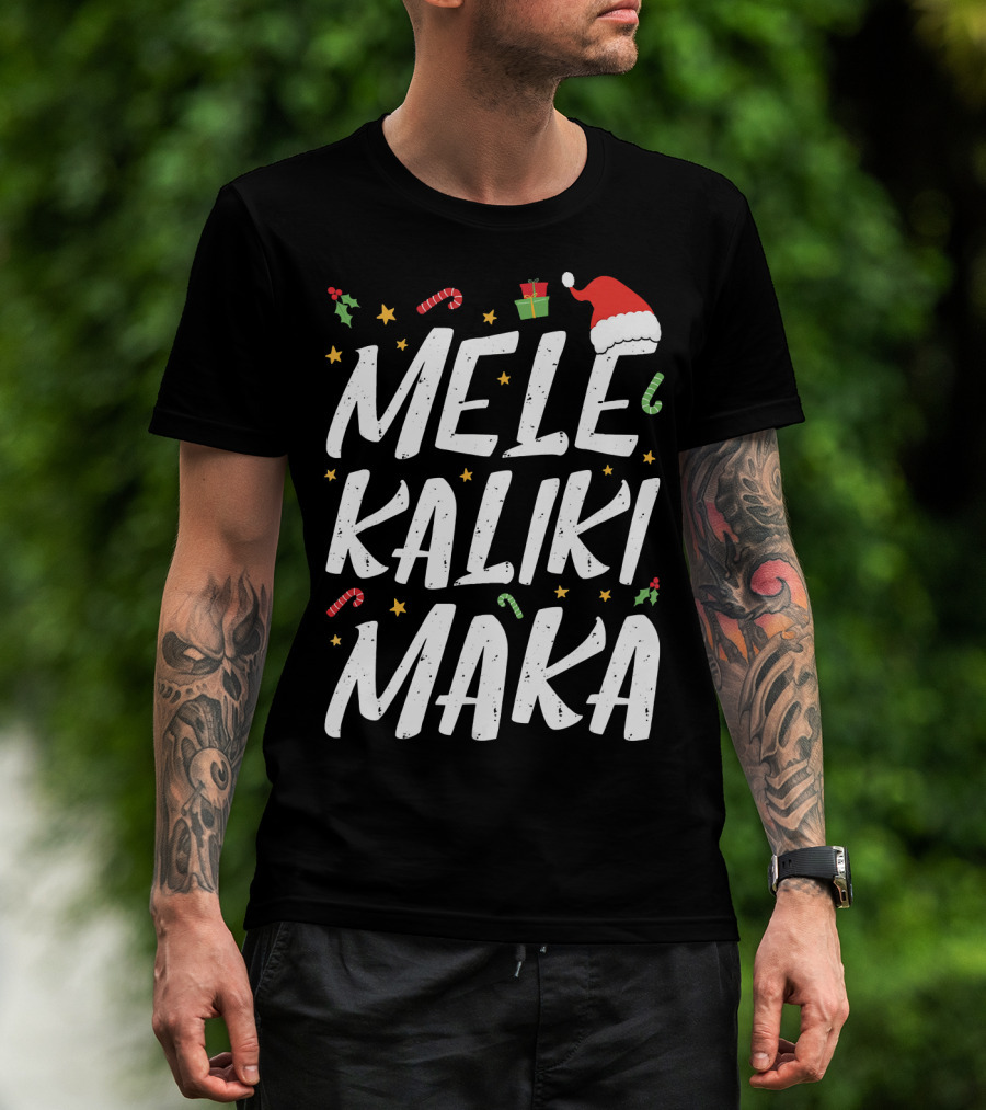 Mele Kalikimaka Christmas Hawaii Santa Hat Candy Canes Holly Presents T-Shirt
