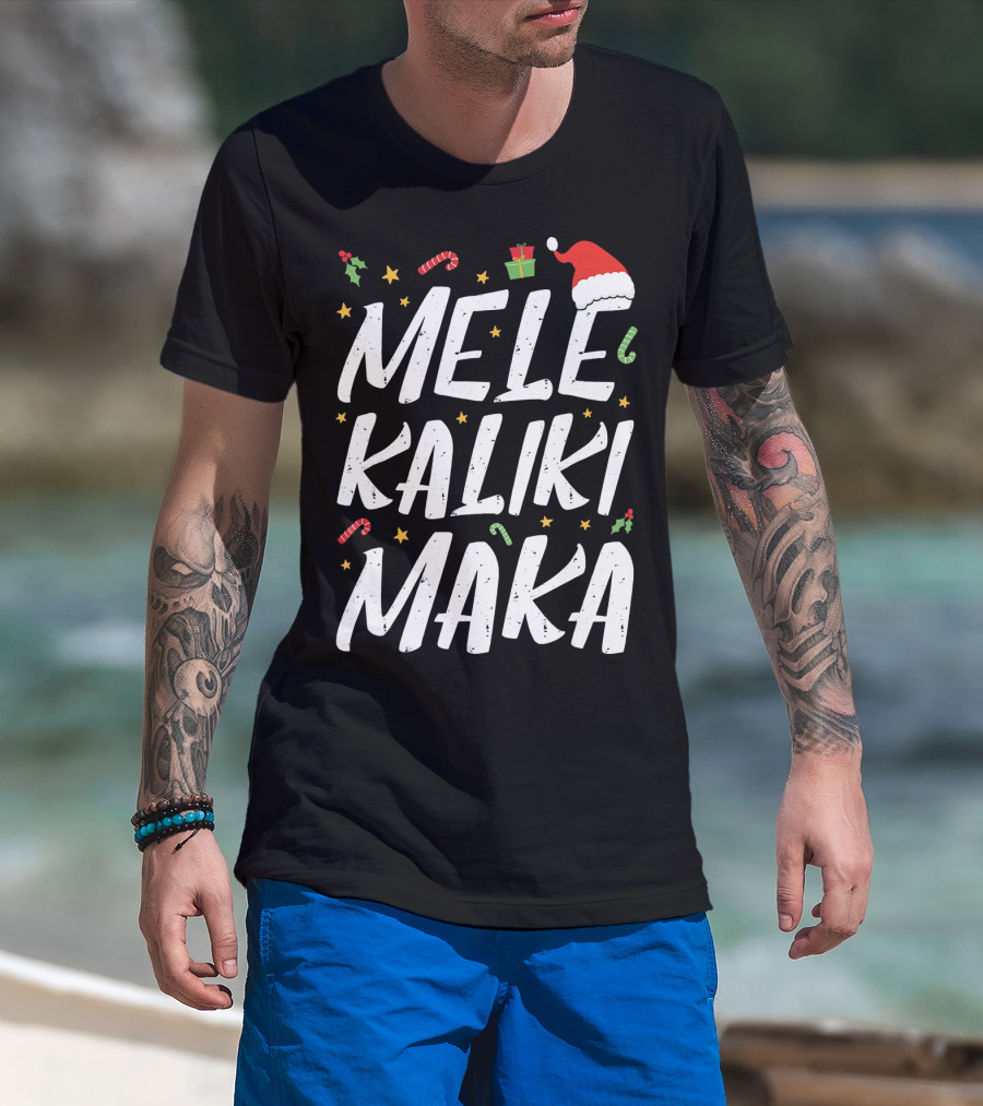 Mele Kalikimaka Christmas Hawaii Santa Hat Candy Canes Holly Presents T-Shirt