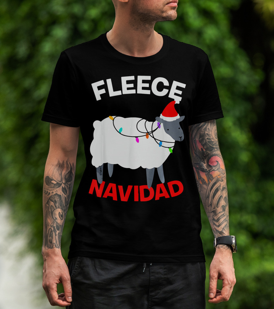 Fleece Navidad Funny Christmas Sheep Santa Hat Lights T-Shirt