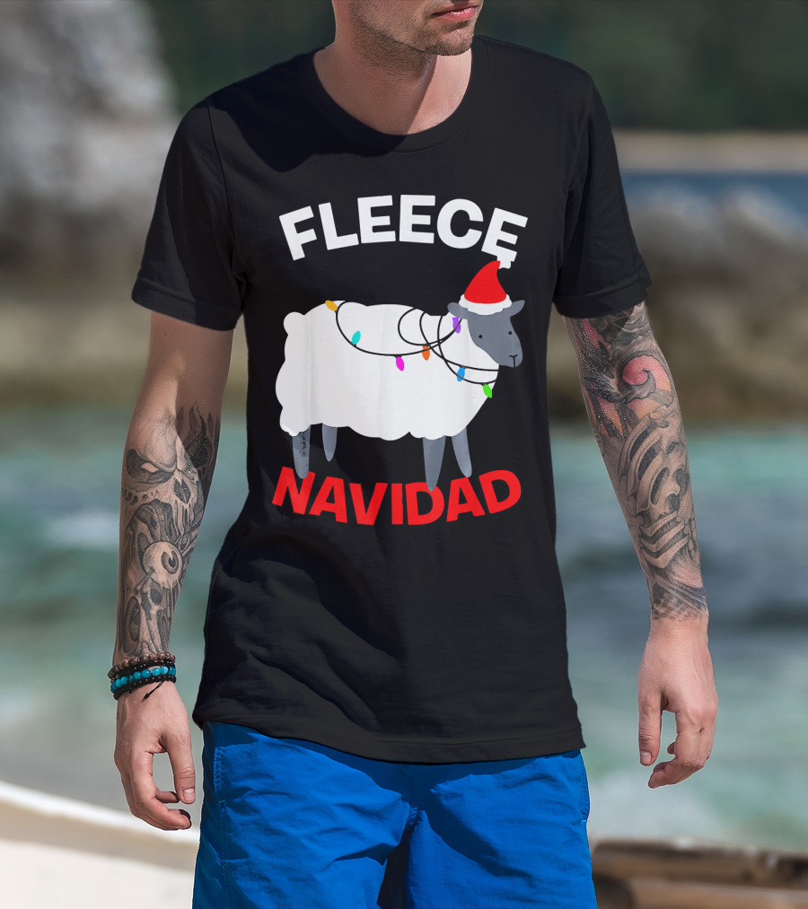Fleece Navidad Funny Christmas Sheep Santa Hat Lights T-Shirt