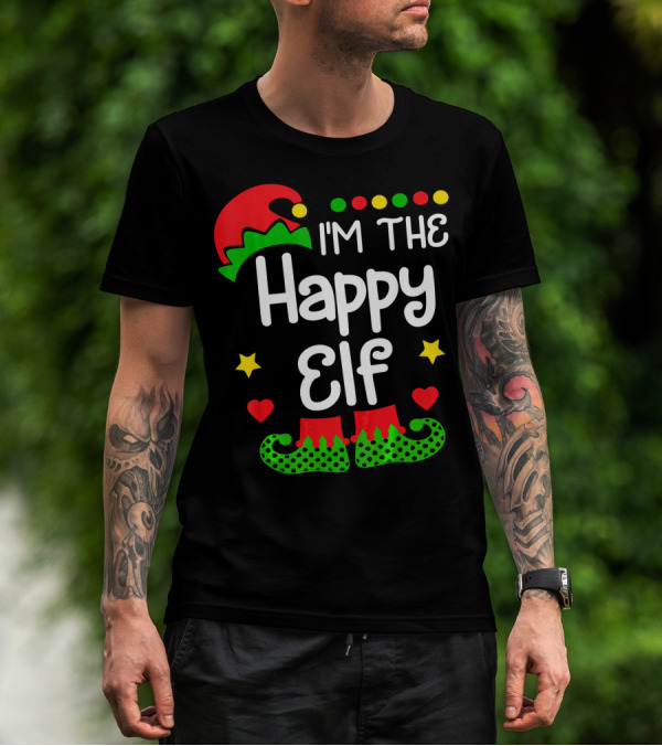 I'm The Happy Elf Christmas Hat Stars Hearts Dots T-Shirt