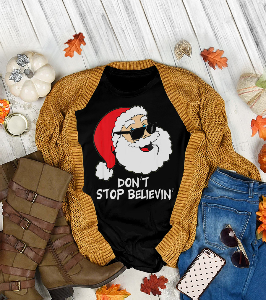 Don't Stop Believin' Santa with Sunglasses Christmas Co T-Shirt