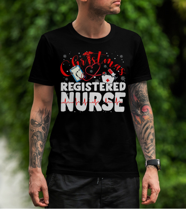 Christmas Registered Nurse With Medical Icons And Heartbeat T-Shirt