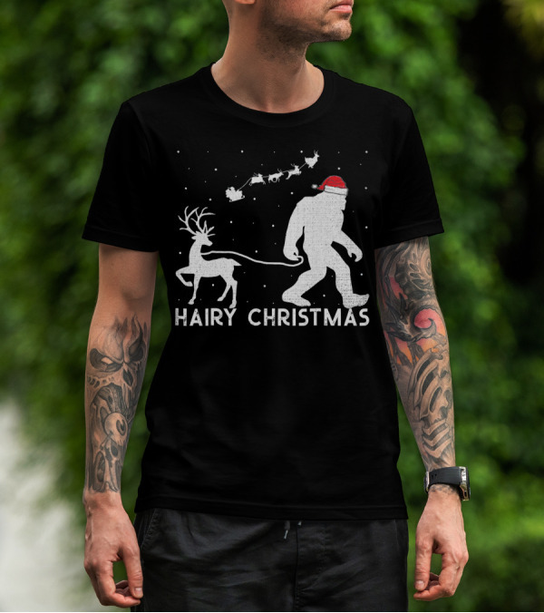 Hairy Christmas Bigfoot Santa Reindeer Snow Scene T-Shirt
