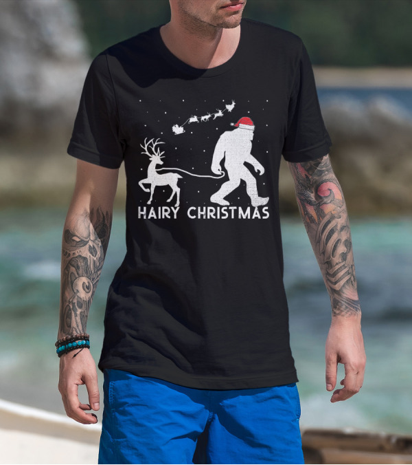 Hairy Christmas Bigfoot Santa Reindeer Snow Scene T-Shirt