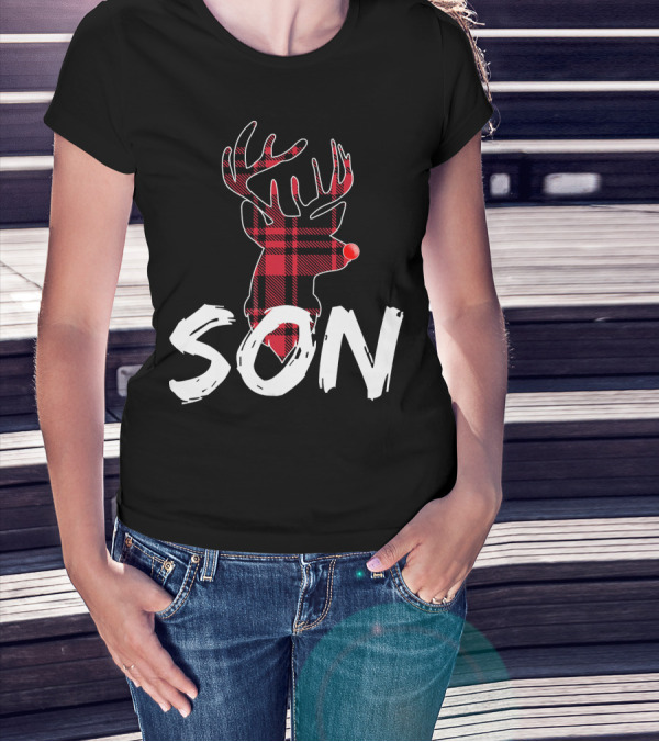 Son Family Matching Christmas Red Plaid Reindeer T-Shirt