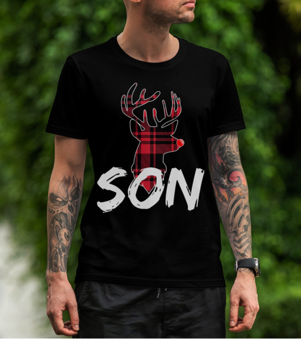 Son Family Matching Christmas Red Plaid Reindeer T-Shirt