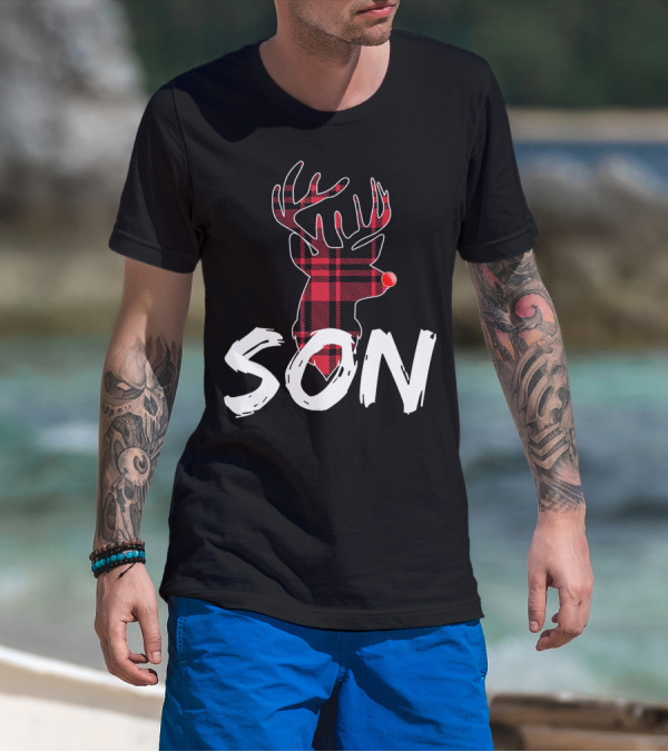 Son Family Matching Christmas Red Plaid Reindeer T-Shirt