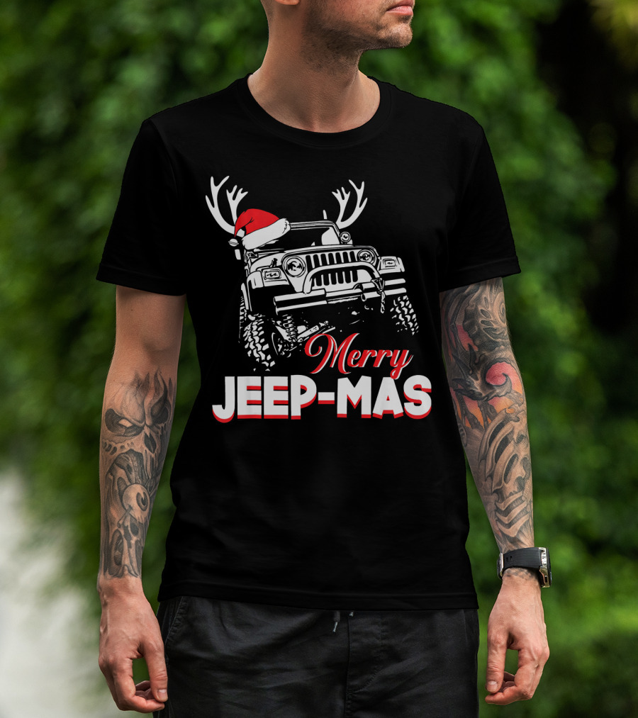 Merry Jeep-Mas Funny Jeep With Santa Hat And Reindeer Antlers T-Shirt