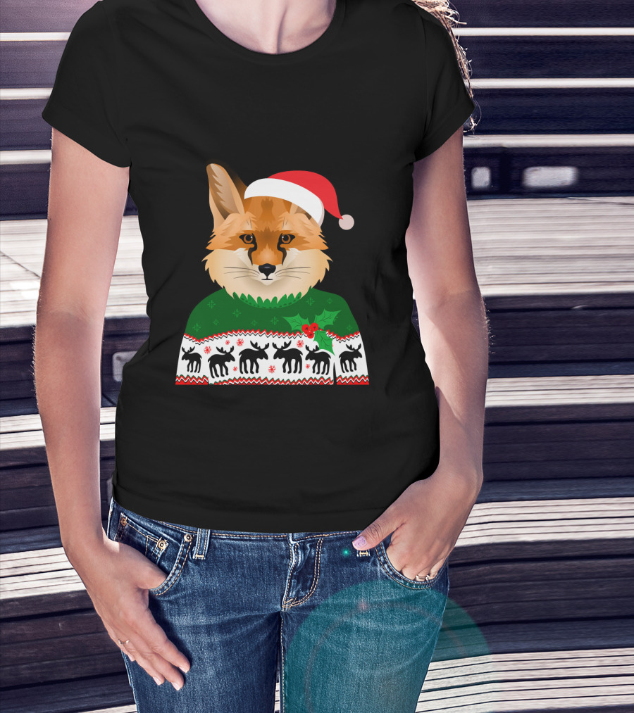 Long Sleeve Fox Ugly Christmas Sweater Santa Hat T-Shirt