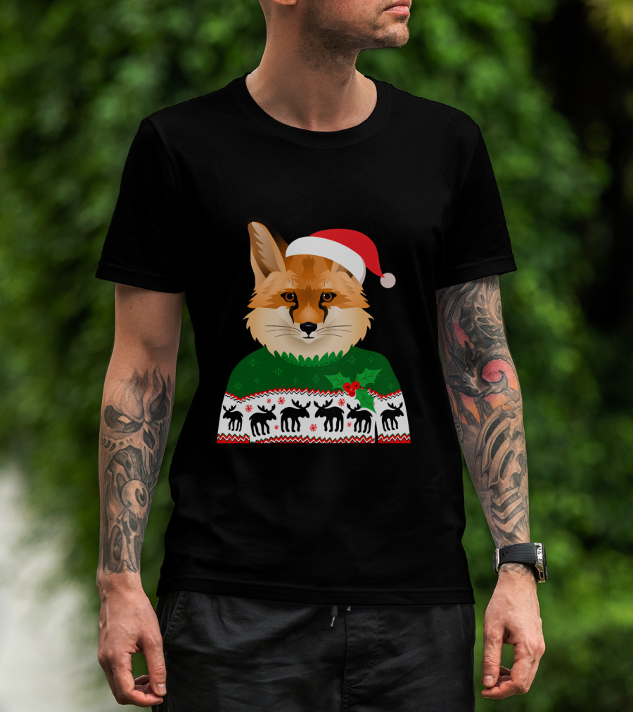 Long Sleeve Fox Ugly Christmas Sweater Santa Hat T-Shirt
