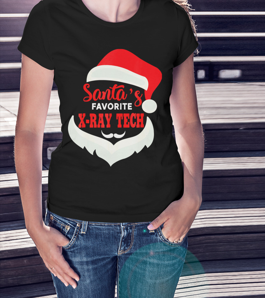 Santa's Favorite X-Ray Tech Christmas Santa Hat And Beard T-Shirt