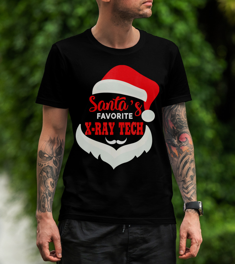 Santa's Favorite X-Ray Tech Christmas Santa Hat And Beard T-Shirt