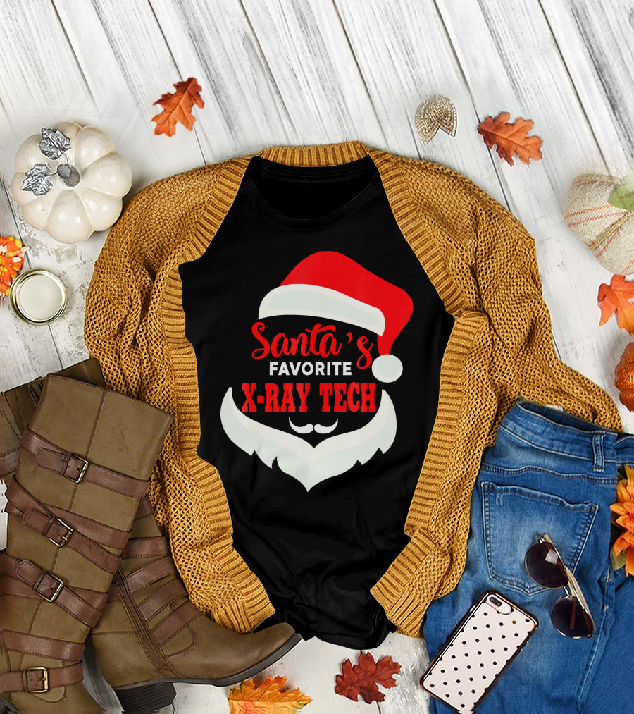 Santa's Favorite X-Ray Tech Christmas Santa Hat and Beard T-Shirt