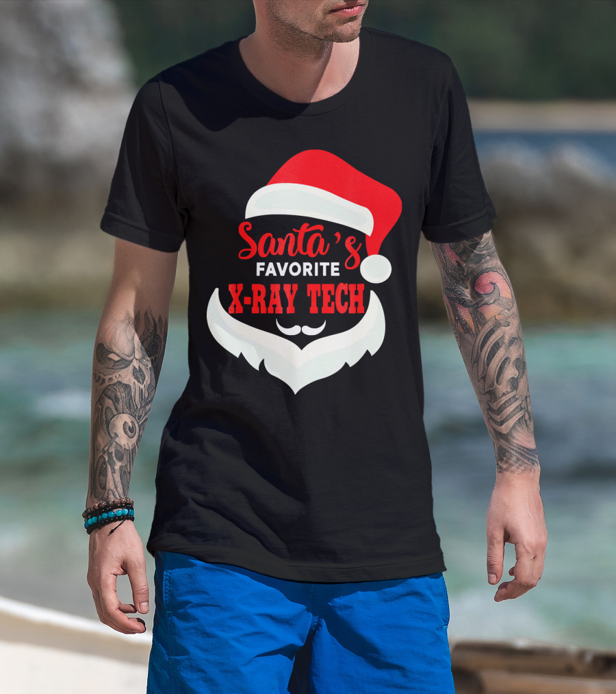 Santa's Favorite X-Ray Tech Christmas Santa Hat And Beard T-Shirt