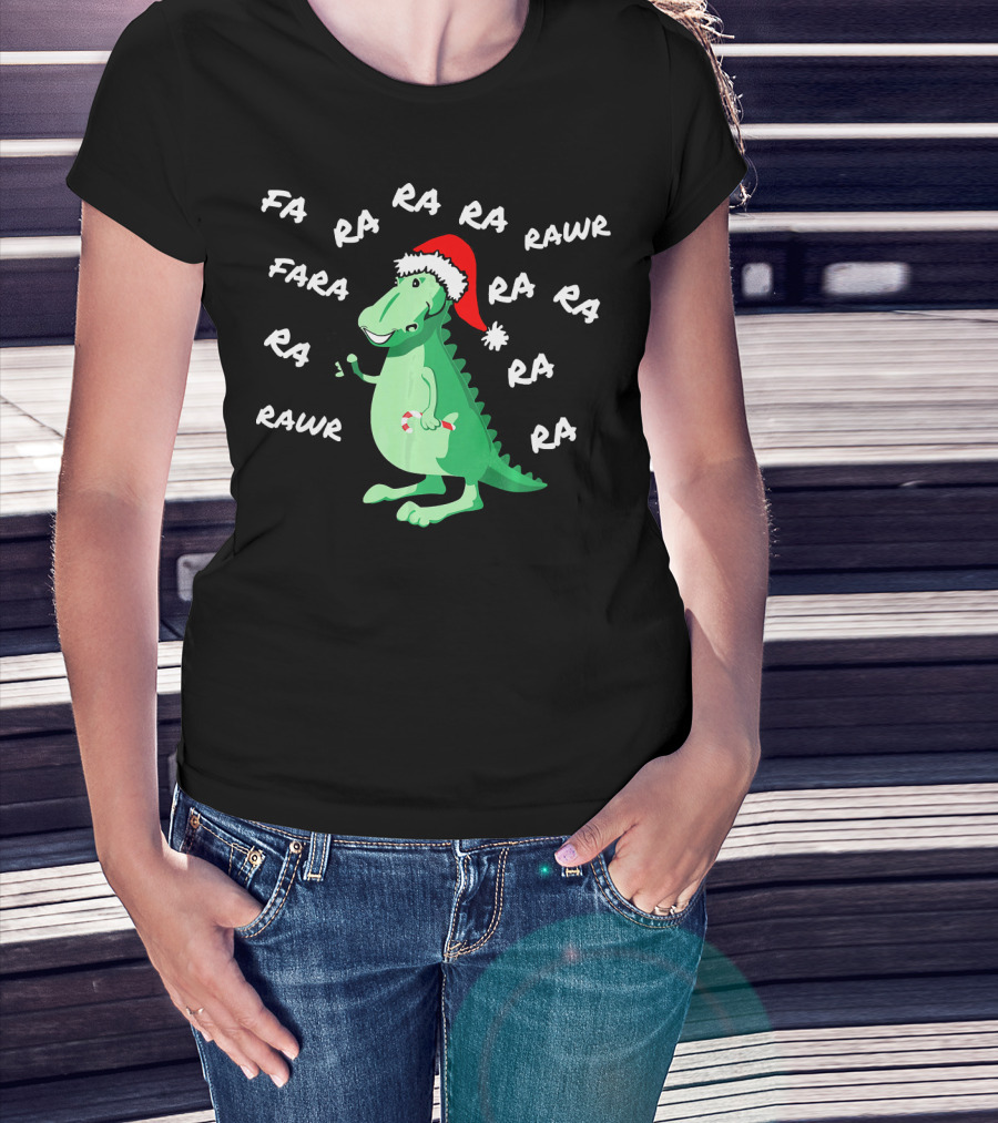T Rex Dinosaur Singing Fa Ra Rawr Christmas Santa Hat T-Shirt