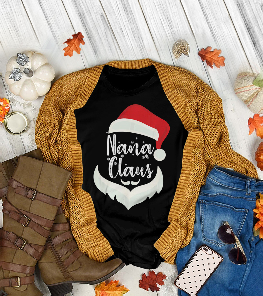 Nana Claus Santa Hat Beard Snowflakes T-Shirt