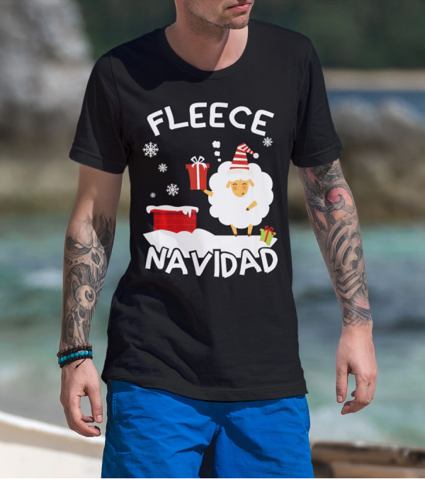 Fleece Navidad Sheep With Santa Hat And Gift Chimney Snowflakes T-Shirt