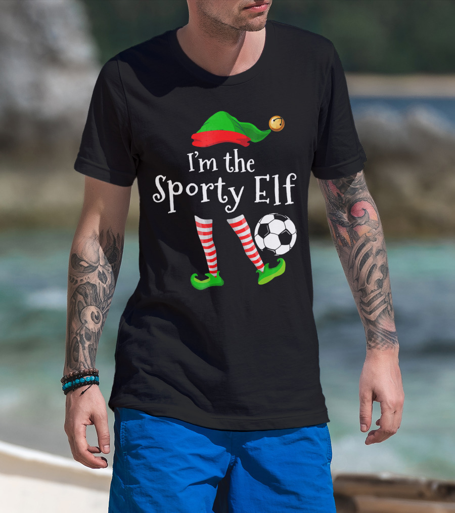I'm The Sporty Elf Soccer Player Festive Holiday Striped Socks And Green Shoes With Soccer Ball T-Shirt