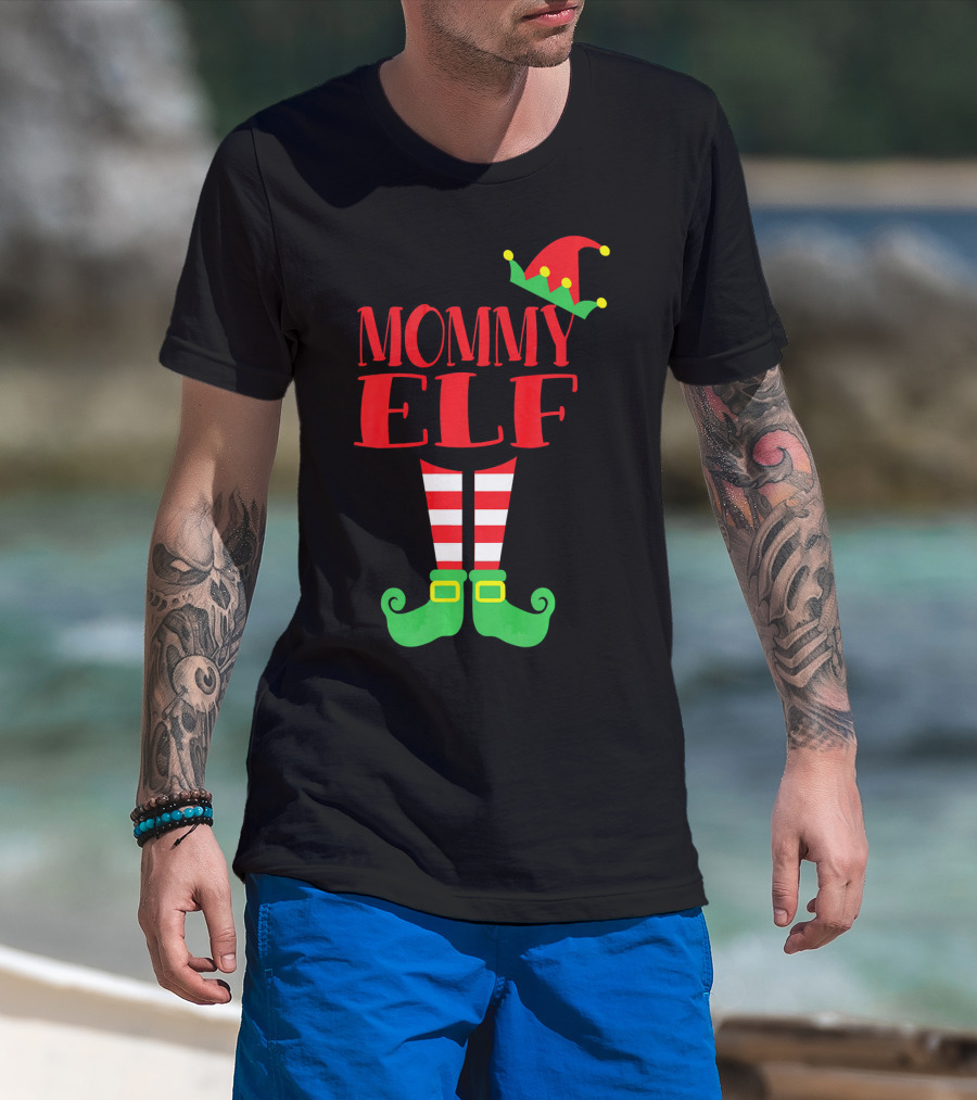 Mommy ELF Christmas Hat And Striped Socks Festive Season T-Shirt