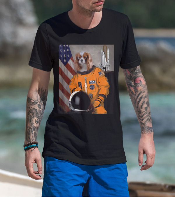 Cavalier King Charles Spaniel NASA Astronaut With American Flag And Space Shuttle T-Shirt
