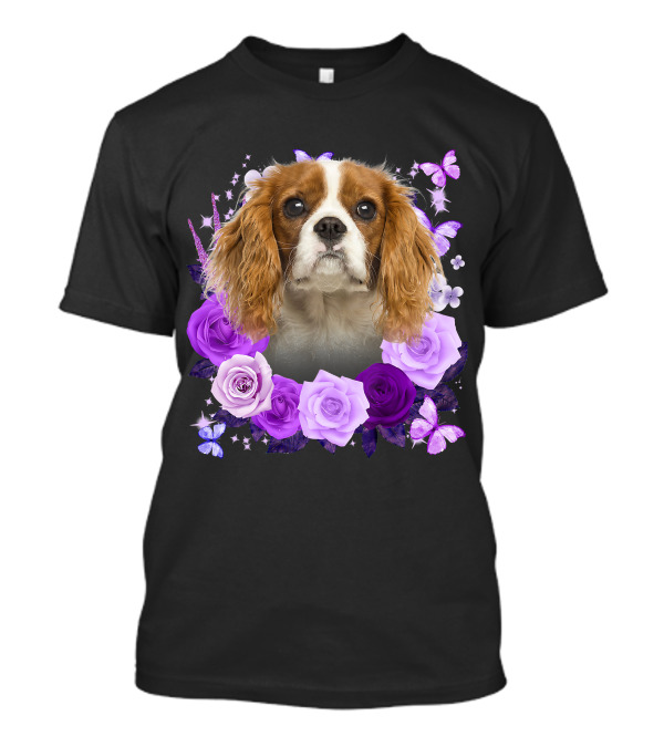 Purple Bloom With Flowers And Butterflies Featuring Cavalier King Charles Spaniel Floral Arrangement T-Shirt