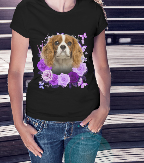 Purple Bloom With Flowers And Butterflies Featuring Cavalier King Charles Spaniel Floral Arrangement T-Shirt