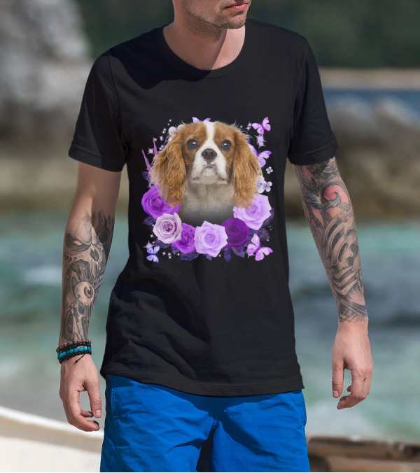 Purple Bloom With Flowers And Butterflies Featuring Cavalier King Charles Spaniel Floral Arrangement T-Shirt
