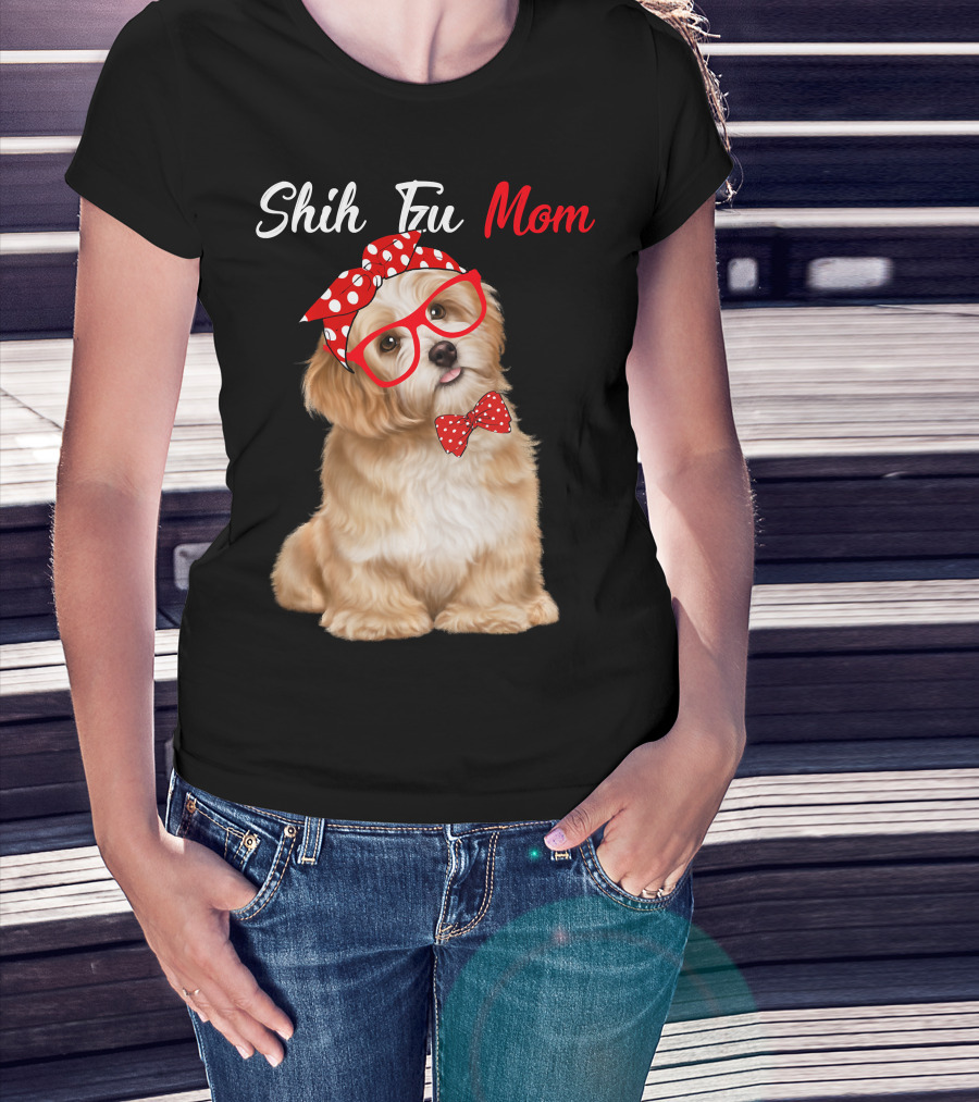 Shih Tzu Mom Red Glasses And Polka Dot Bow Accessories T-Shirt