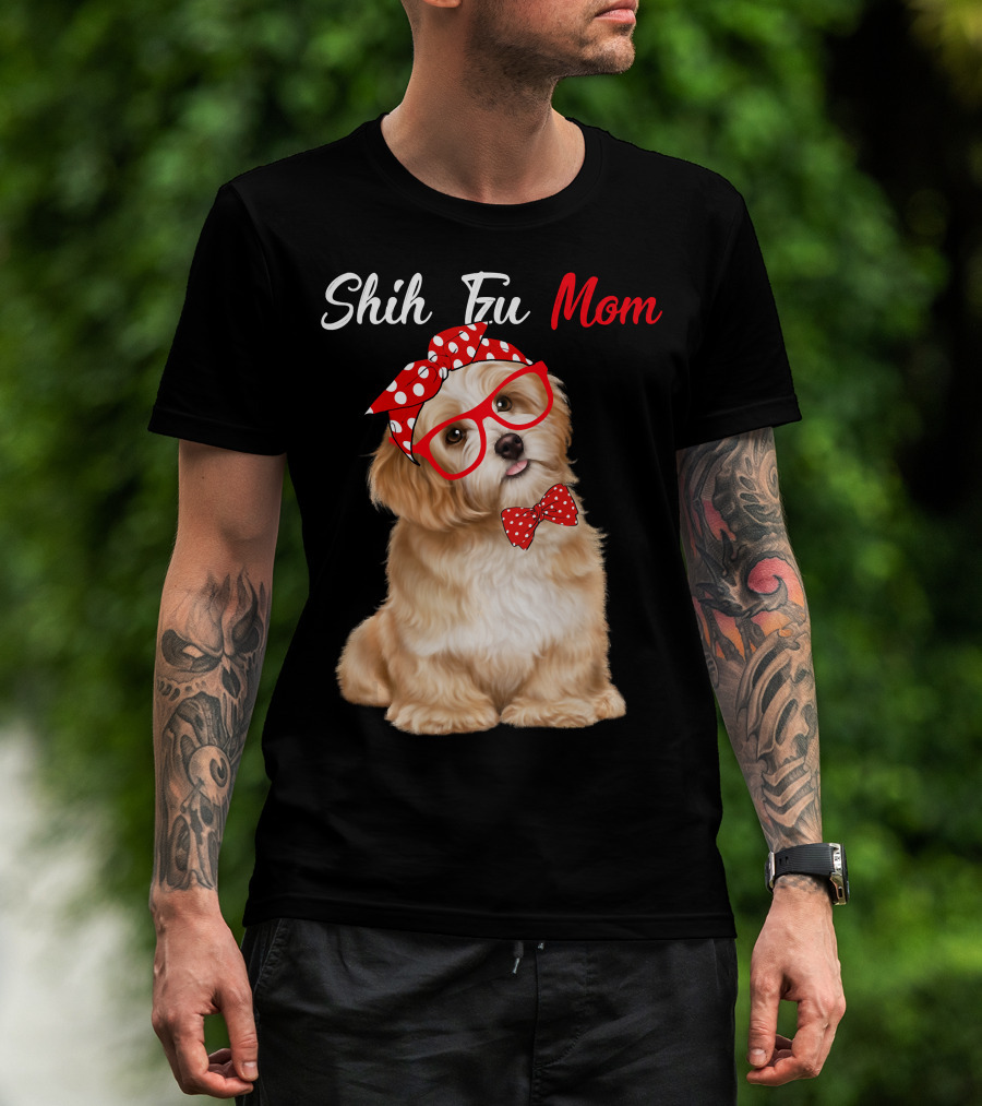 Shih Tzu Mom Red Glasses And Polka Dot Bow Accessories T-Shirt