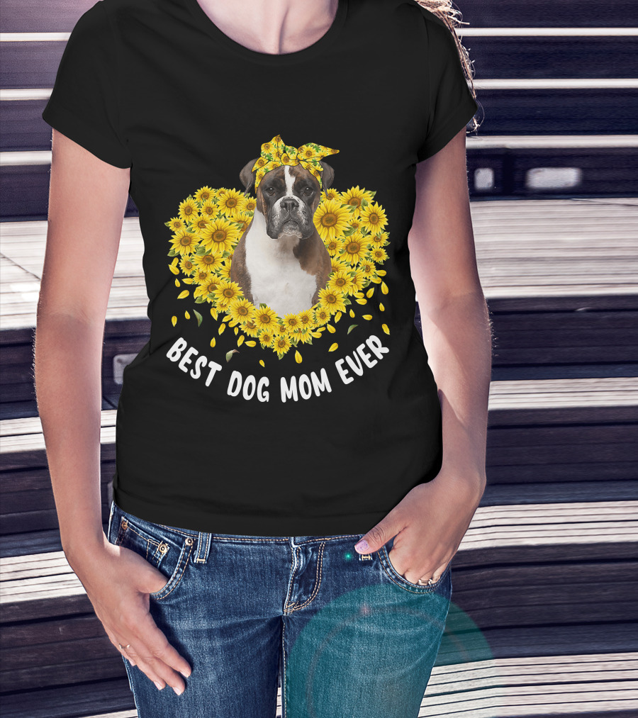 Woman with hands in pockets wearing Best Dog Mom Ever Boxer Surrounded by Sunflowers T-Shirt.