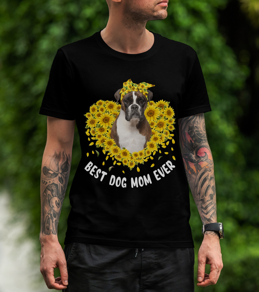 Man with tattoos models Best Dog Mom Ever Boxer Surrounded by Sunflowers T-Shirt outdoors.