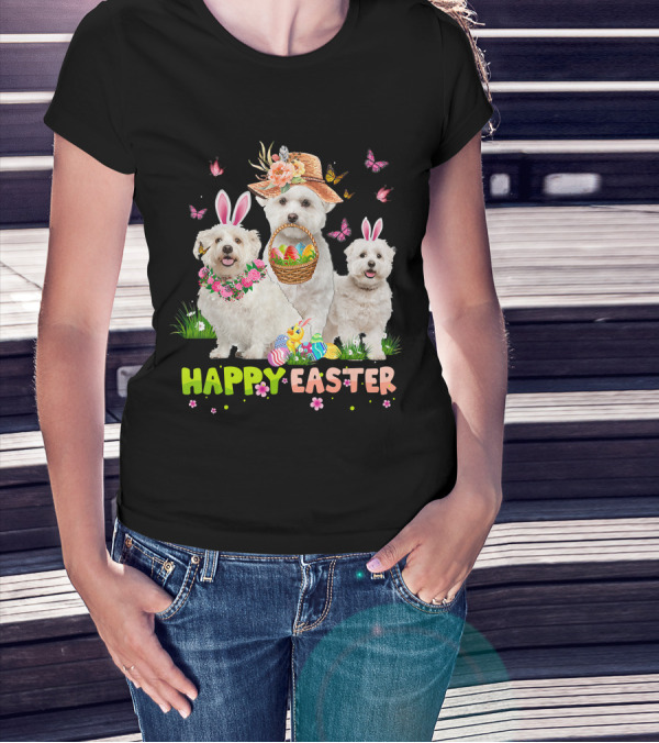 Happy Easter Maltese Dogs Bunny Ears Basket Eggs Butterflies T-Shirt