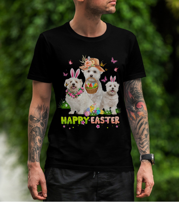Happy Easter Maltese Dogs Bunny Ears Basket Eggs Butterflies T-Shirt