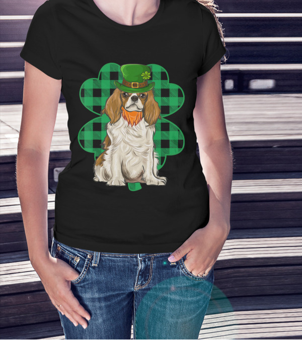 King Charles Spaniel Leprechaun With Shamrock Hat And Plaid Clover T-Shirt