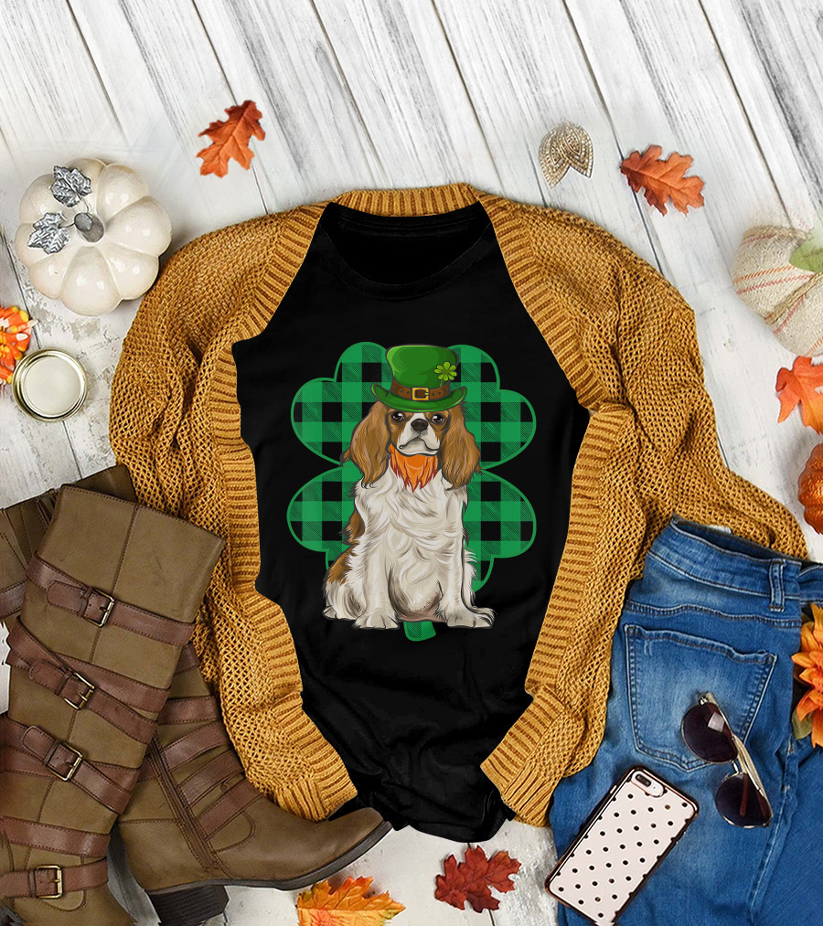 King Charles Spaniel Leprechaun with Shamrock Hat and Plaid Clover T-Shirt