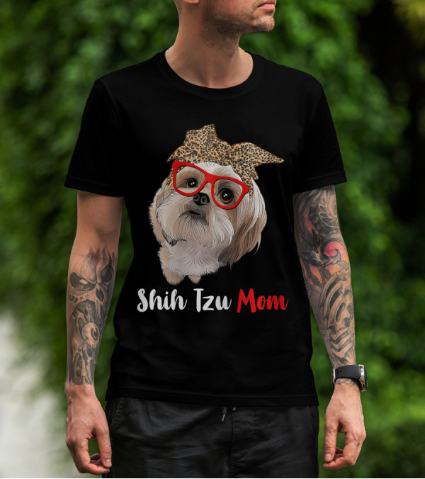 Shih Tzu Mom Leopard Print Bow Cute Dog Lover Red Glasses T-Shirt